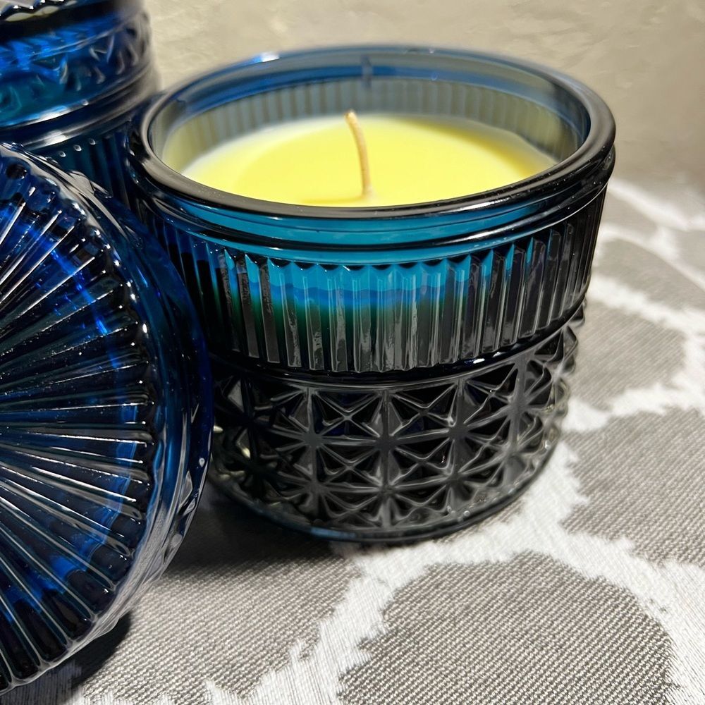 S+F candle gorgeous deep blue faceted vessel with top, size 4x3.75, tropical